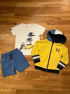 Mayoral 4T Yellow Hoodie with Blue Shorts and Palm Graphic Tee